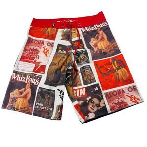 Da Hui Hawaii Pin-Up Collage Boardshorts Surf Swim Shorts Size 32